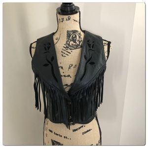 Vintage Fringe Black Leather Vest with Rose Inlay